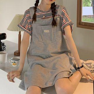 Short-sleeve Striped T-shirt / Mini Overall Dress