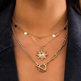 Set Of 3: Sun/ Geometric Pendant Alloy Necklace + Alloy Choker