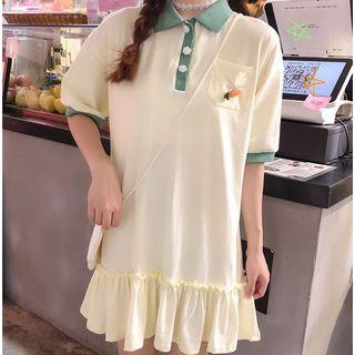 Contrast-trim Short-sleeve Polo Shirt Dress With Carrot Brooch