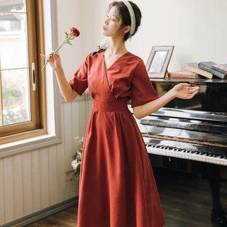 Ribbon Elbow-sleeve Midi A-line Dress