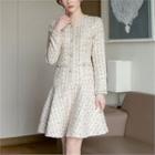 Button-trim Ruffle-hem Tweed Dress