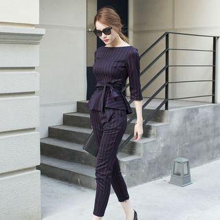 Set: Pinstripe Elbow-sleeve Top + Capri Pants