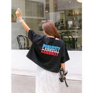 Letter-printed Slit-shoulder T-shirt