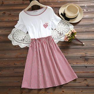 Plaid Panel Short-sleeve Mock Two-piece A-line Dress