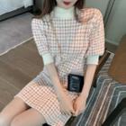 Puff-sleeve Knit Houndstooth Mini Sheath Dress Houndstooth - Off-white & Pink - One Size