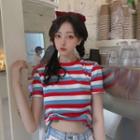 Short-sleeve Striped T-shirt Stripe - Blue & Red & White - One Size