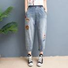 Washed Embroidered Straight-fit Capri Jeans