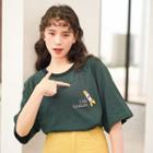 Elbow-sleeve Embroidered T-shirt Dark Green - One Size