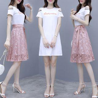 Set: Lettering Cold-shoulder T-shirt Dress + Lace Skirt