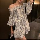 Off-shoulder Floral Print A-line Dress Floral - Gray - One Size