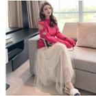 Set: Cutout Sweater + Spaghetti Strap Midi A-line Mesh Dress Red - One Size