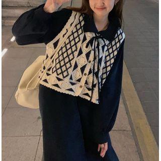 Long-sleeve Midi A-line Dress / Argyle Single-breasted Knit Vest / Set