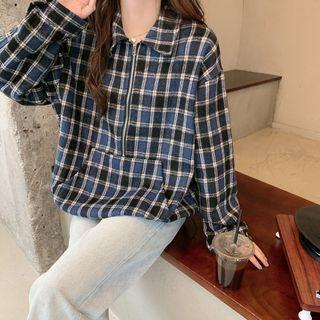 Plaid Half-zip Blouse