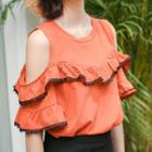 Elbow-sleeve Cold Shoulder Ruffled Top