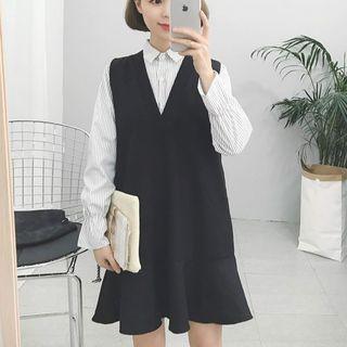 Set: Striped Shirt + V-neck Pinafore Dress