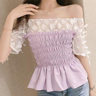 Off-shoulder Paneled Smocked Blouse