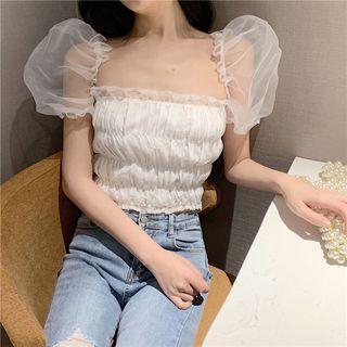 Puff-sleeve Frill Trim Sheer Blouse