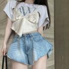 Fake Two Piece Short-sleeved Top / Denim Shorts