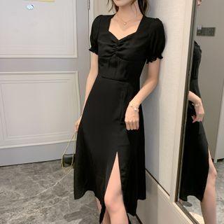 Puff-sleeve Slitted Midi Dress