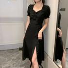 Puff-sleeve Slitted Midi Dress