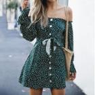 Puff-sleeve Off-shoulder Floral Print Buttoned Mini Dress