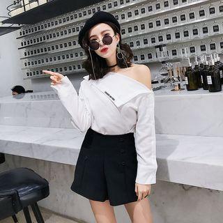 Set: Letter Embroidered Off Shoulder Shirt + Buttoned Wide Leg Shorts