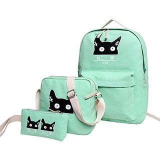 Set Of 3: Cat Print Backpack + Shoulder Bag + Zip Pouch