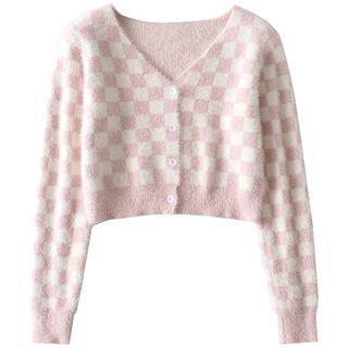 Long-sleeve Checked Buttoned Knit Top