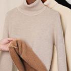 High-neck Fleece Lined Plain Knit Top