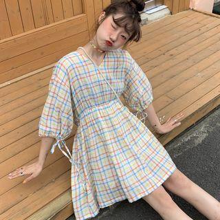 Lantern-sleeve Mini Plaid A-line Dress