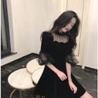 Balloon-sleeve Mesh Panel Velvet A-line Dress