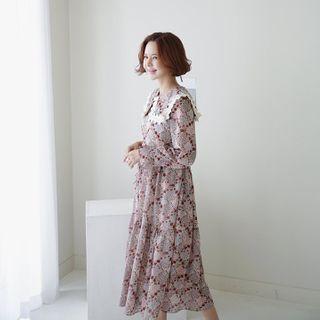 Wide-collar Long Floral Dress