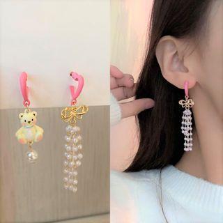 Heart Bear Faux Pearl Asymmetrical Fringed Earring 1 Pair - S925silver Asymmetry Earrings - Gold - One Size