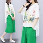 Set: Elbow-sleeve Print T-shirt + Wide-leg Cropped Pants
