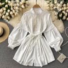 Small Stand-collar Lace Lantern-sleeve Dress White - One Size