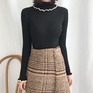Mock-turtleneck Frill Trim Slim Top