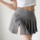 High-waist Split Plain Pleated Mini Skirt