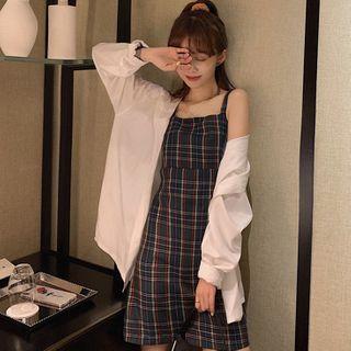 Set: Plaid Shirt + Plaid Spaghetti-strap Mini A-line Dress