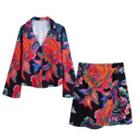 Flower Print Blouse / Side-slit Mini A-line Skirt