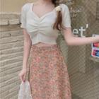 Square-neck Short-sleeve Knit Top / Flower Print Midi A-line Skirt