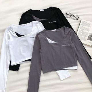 Mock Two-piece Lettering Square-neck Long-sleeve T-shirt