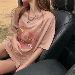 Short Sleeve Heart Print Oversized Tee