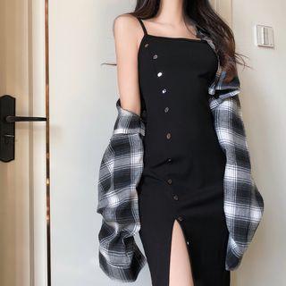 Set : Plaid Long-sleeved Shirt + Split Camisole Dress