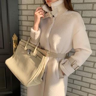 Buckle-neck Belted Eco-fur Coat