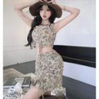 Sleeveless Square-neck Floral Print Slim-fit Top / High-waist Floral Print Slim-fit Skirt