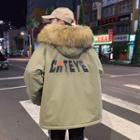 Couple Matching Furry-trim Lettering Zip Hooded Parka