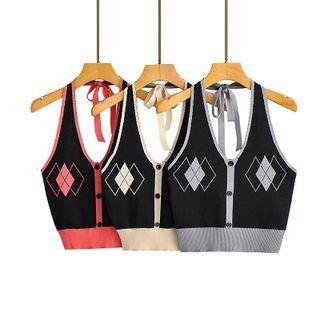 Argyle Halter-neck Color Block Button-up Knit Crop Tank Top