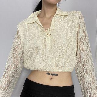 Long Sleeve V-neck Lace-up Lace Crop Top