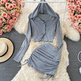 Set: Long Sleeve Single Breasted Hoodie + Drawstring Skirt