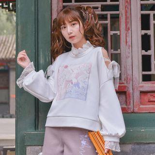Lace Trim Embroidered Cut Out Shoulder Pullover